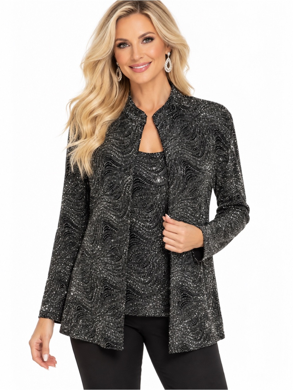 Onyx Nite Size XL Black Silver Sparkle 2-Piece Jacket Top Evening Set